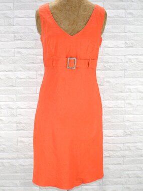 WHAT'S HOT Dress Linen Cotton Blend Sheath Sleeveless Belted Mini Orange M